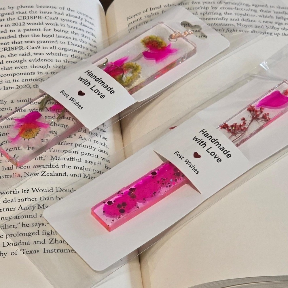 Handmade Resin Floral Bookmarks Real Pressed Flowers Pink Glitter  Tassels Set 2